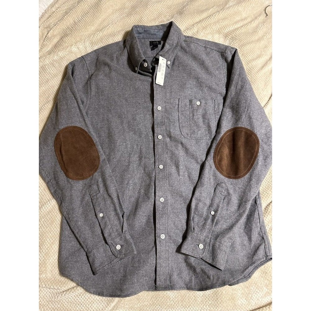 NWT J.Crew Gray Chamois Flannel Work shirt Sueded Elbow Patch Button Outdoor L